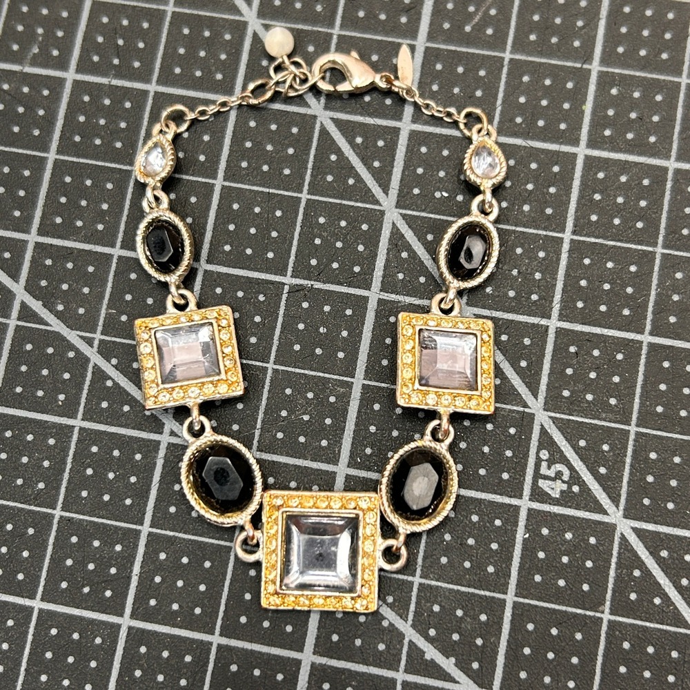 Glamorous Silver Tone Bracelet Square Clear Black Oval Stones Lobster Clasp